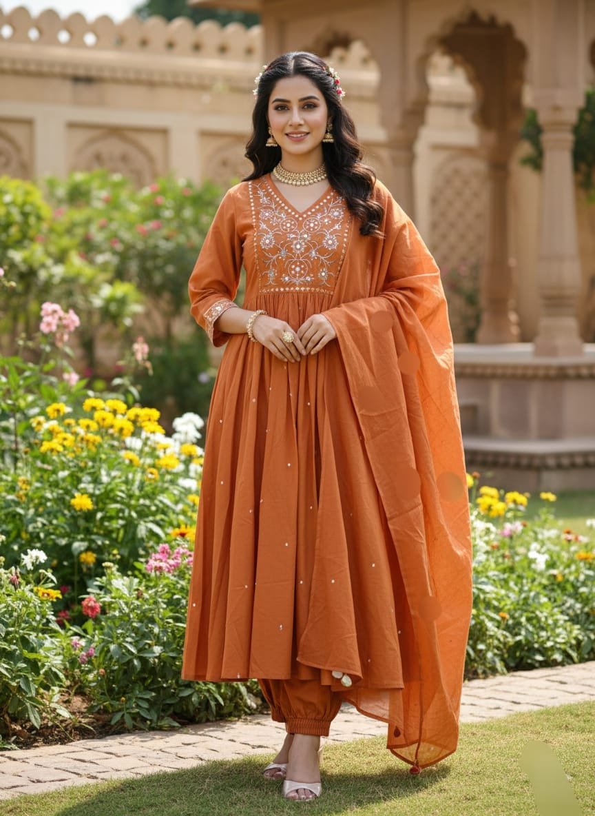 Cotton Floral Embroidered Anarkali Suit Set